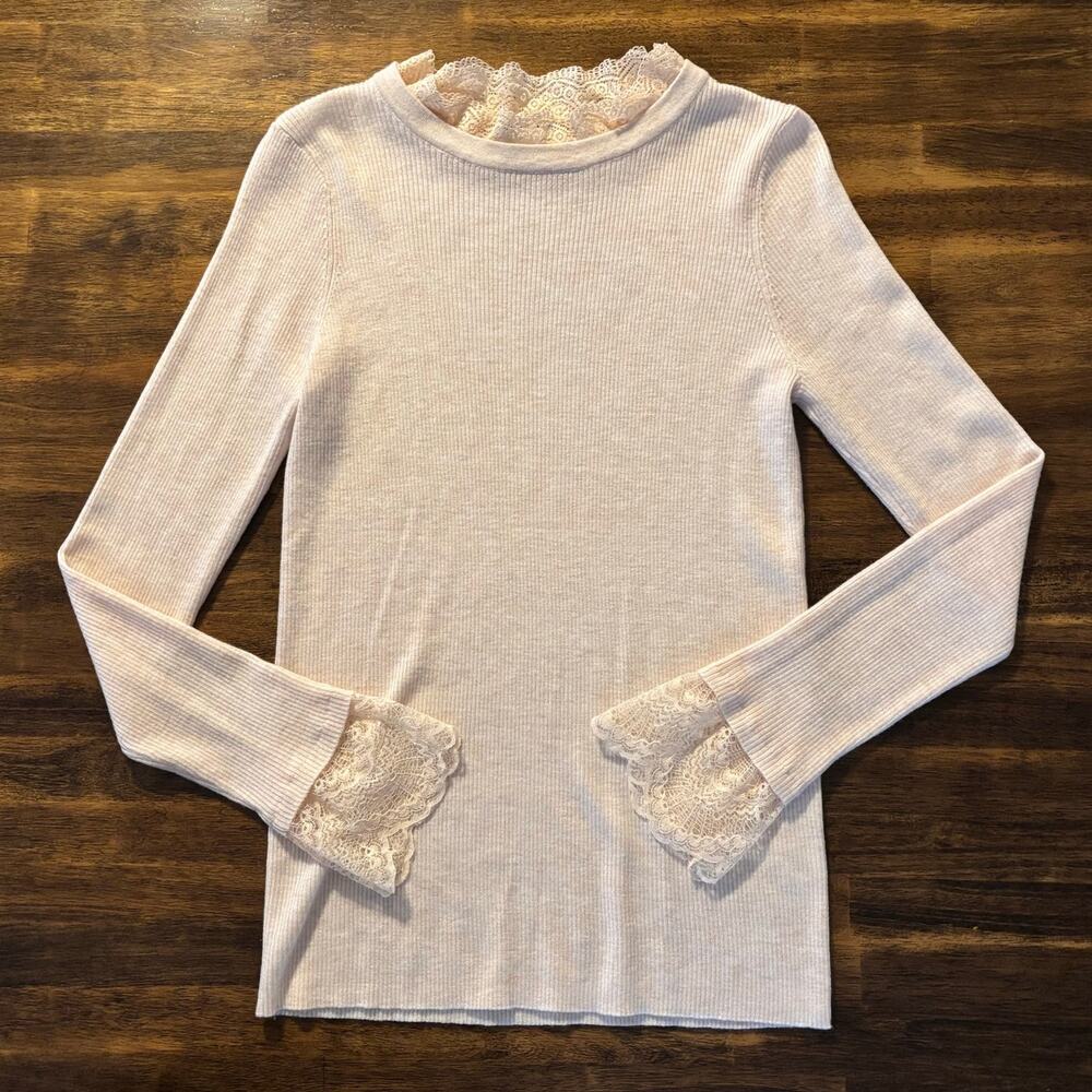 Tuckernuck Women’s Medium Top Long Sleeve Ribbed Lace Trim Mock Neck Pullover